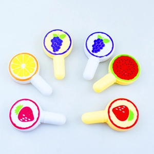 Set of 6 miniature fruit toy pens featuring grape strawberry watermelon and lemon designs