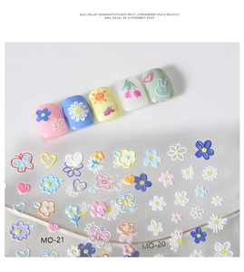 Detailed 5D embossed nail art stickers with flowers and rabbits in macaron colors