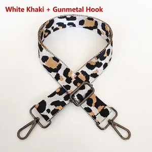 Detail of leopard print nylon bag strap with gunmetal swivel snap hooks and adjuster