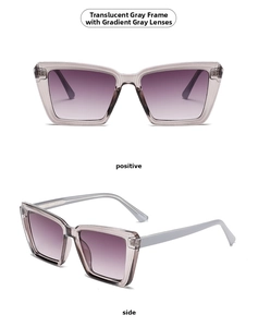 Front and side view of square grey frame sunglasses with purple gradient lenses