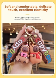 Détail du porte-clés Capybara en silicone avec appareil photo rose et dragonne embossée