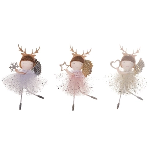 Three Christmas angel ornaments with reindeer antlers in white, pink and beige dresses