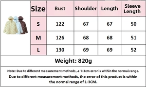 Size chart showing bust, shoulder, and length measurements for women's floral padded jacket