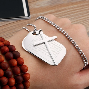 Collier bille en acier inoxydable argenté avec pendentif croix et plaque de prière