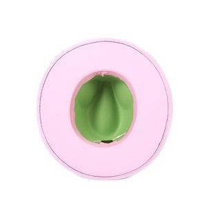 Classic two-tone pink and green wool wide brim fedora hat with contrast stitching