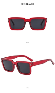 Front and side views of red translucent square sunglasses with black lenses and durable resin