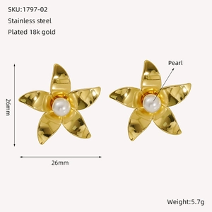 Macro detail of 18k gold plated flower earrings with pearl inlay and dimensions
