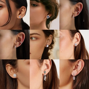Close-up of 925 sterling silver stud earrings set with colorful 8A cubic zirconia stones