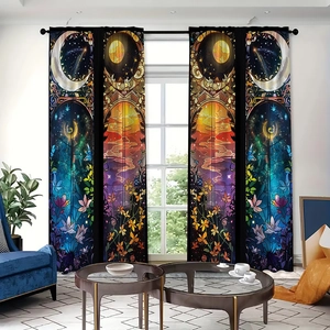 Detail of artistic celestial curtains featuring sun and moon stained glass style polyester fabric