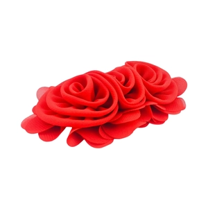 Three red chiffon rose hair clips for girls on a clean white background