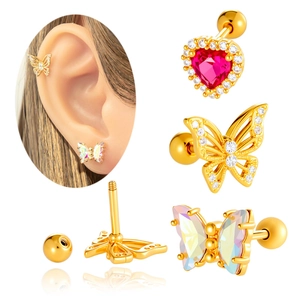 Heart Butterfly Ear Cartilage Stud Earrings Titanium Steel Copper Zircon Screw Ball Back Piercing Jewelry For Women
