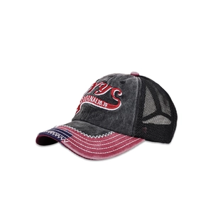 Detailed side view of distressed NYC baseball cap with 1973 embroidery and mesh back