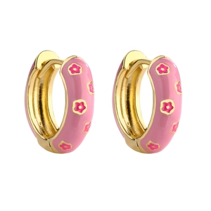 Pink enamel flower hoop earrings in gold plated finish for a sweet minimalist style