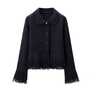 Detail of navy blue knit cardigan featuring openwork mesh texture and fringe hem