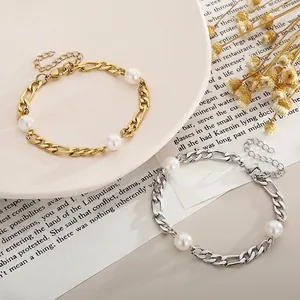 Stainless Steel Bracelet With Artificial Pearls Figaro Chain Adjustable Link Sweet Style For Women Elegant Jewelry