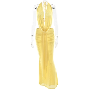 Sexy yellow two-piece mesh set with halter V-neck top and slim-fit maxi fishtail skirt