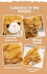 Detail shots of orange tabby plush cat with embroidery, metal hook and soft faux fur fabric
