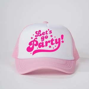 Pink and white trucker hat with Let's go Party print and mesh back for outdoor wear