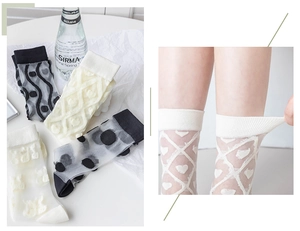 Detail of sheer leopard and mesh socks showing elastic white diamond pattern and dots
