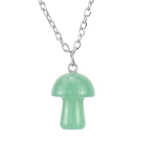 Macro shot of 2cm green stone mushroom pendant on a delicate silver chain necklace