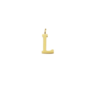 Detailed view of mirror polished golden stainless steel letter L pendant for DIY jewelry