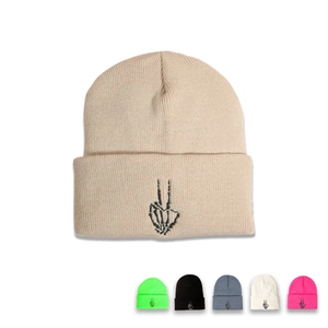 Skeleton Hand Peace Sign Embroidery Knit Beanie Hat Ribbed Cuffed Winter Warm Acrylic Skull Cap For Women Men Streetwear Trendy