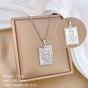 Titanium steel necklace with dragon relief pendant and Fu character engraved on the back