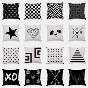 Grid view of 16 assorted black and white geometric pattern Christmas pillow covers