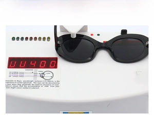 Detail showing UV400 test results for oval marble pattern sunglasses on a white tester