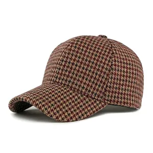 Classic brown houndstooth baseball cap for men and women with structured crown design
