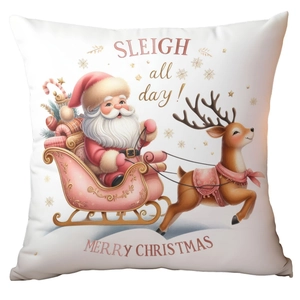 Detail of pink Christmas pillowcase with Sleigh all day text and festive snowman print