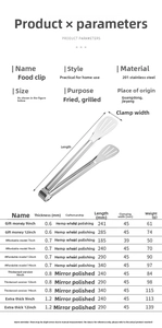 Detailed size chart for stainless steel food tongs showing various lengths and specifications