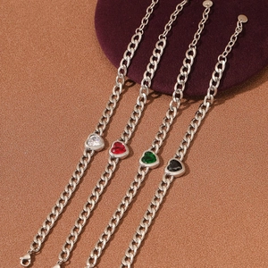 Silver Cuban link bracelets with heart zirconia stones in clear red green and black