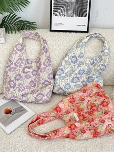 Women Floral Print Tote Bag Large Capacity Polyester Canvas Shoulder Bag With Inner Pocket Aesthetic For Daily Use