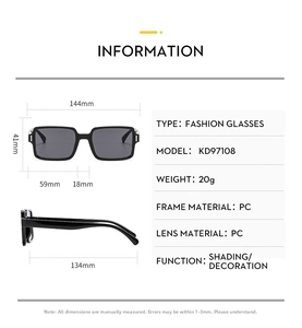Size chart for square sunglasses showing frame dimensions of 144mm width and 134mm temple length