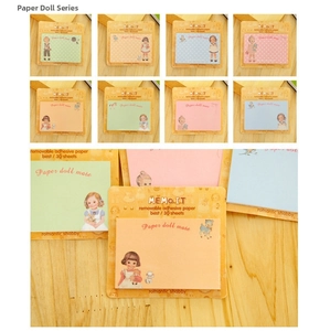 Close-up of vintage paper doll sticky notes featuring romantic shabby girl illustrations