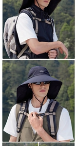 Detail of waterproof wide brim sun hat with adjustable chin strap and mountain logo