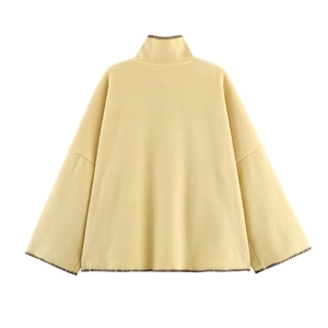 French retro cream yellow fleece jacket with stand collar and dark brown stitching details