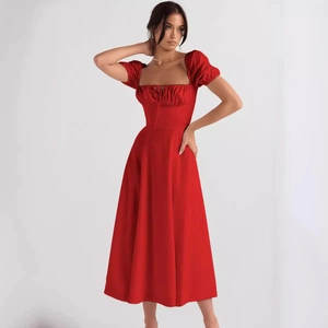 Red floral summer dress with puff sleeves, square neck, and lace-up slit detail in A-line cut