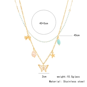 Detail view of double-layer stainless steel necklace with butterfly charms and dimensions