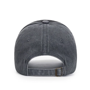 Adjustable dark grey washed cotton baseball cap with vintage metal buckle back view