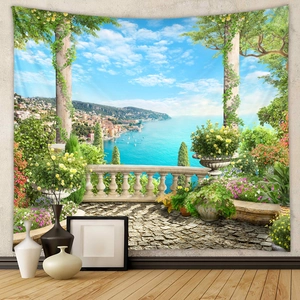 Detailed view of Mediterranean coastal landscape tapestry on wall with home decor