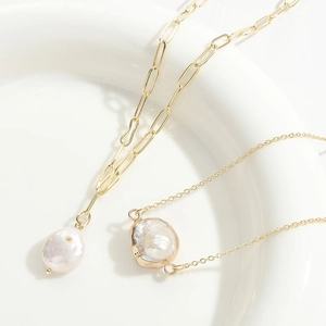 Baroque Freshwater Pearl Necklace 14K Gold Plated Copper Paperclip Chain Irregular Pendant Vintage Jewelry Women