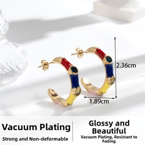 Detailed view of C-shaped enamel earrings with colorful zircon and 2.36cm height measurement
