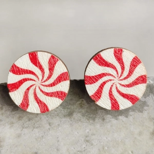 Wooden round peppermint candy stud earrings with red and white spiral patterns