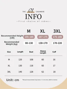 Size chart showing M to 3XL dimensions for long plush bathrobe in winter