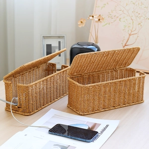 Nordic woven cable management box with lid for organizing desktop power strips and cords