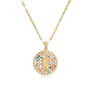 18K gold plated necklace featuring a round Virgin Mary pendant with multi-color zircons