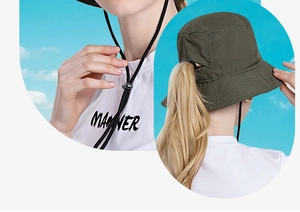 Detail of army green sun hat with ponytail hole and adjustable chin strap for hiking