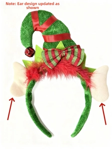 Detail of Christmas elf headband with green velvet hat, red feathers and jingle bell